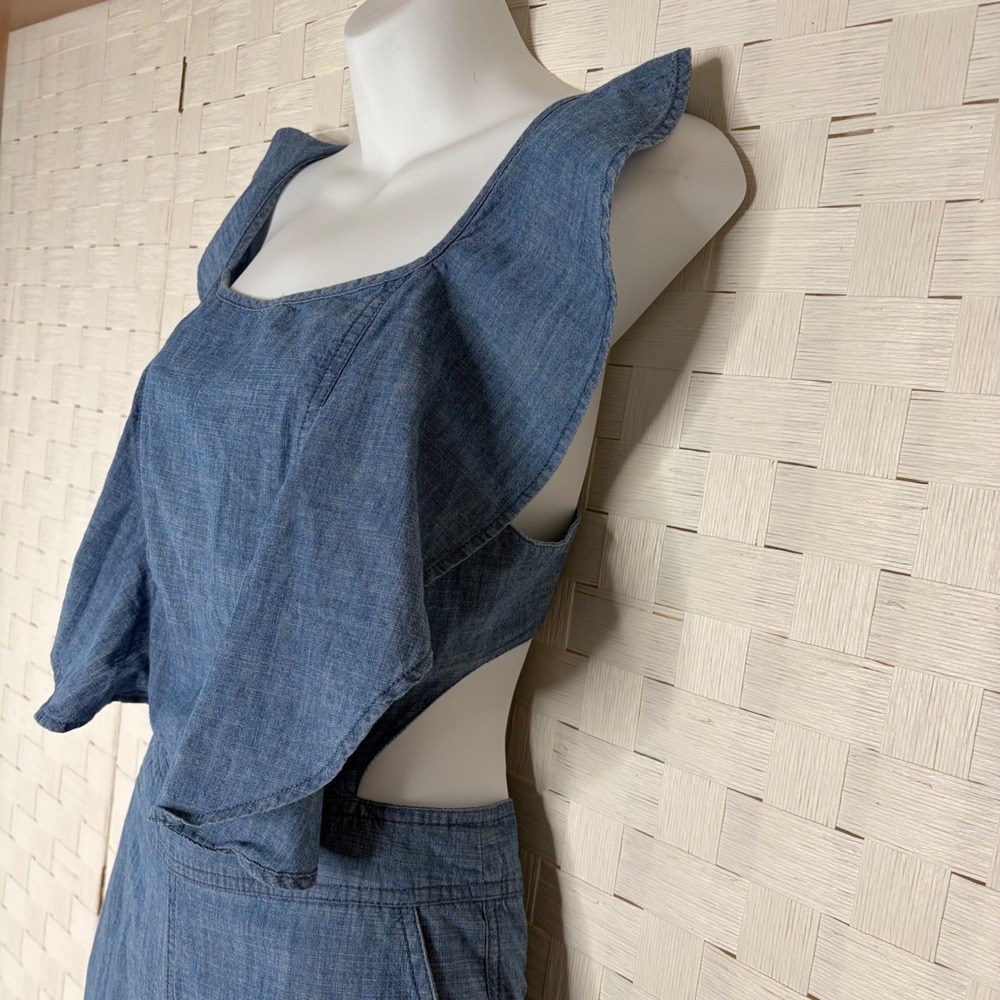 Top Shop Jumpsuit Women Size 6 Blue Chambray Ruffle Open Back Wide Leg Cutout - Picture 4 of 10